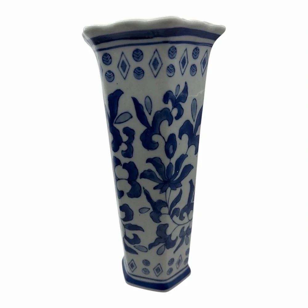 James Alex Imp. Porcelain Vase Blue & White Floral Hexagon 10